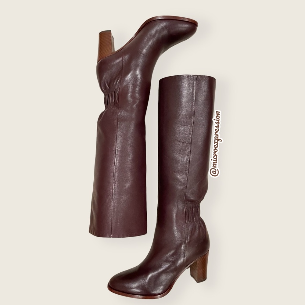 $399 Frye June Slouch Knee High Brown Leather Heeled Pull On Tall Winter Boots - Picture 15 of 16